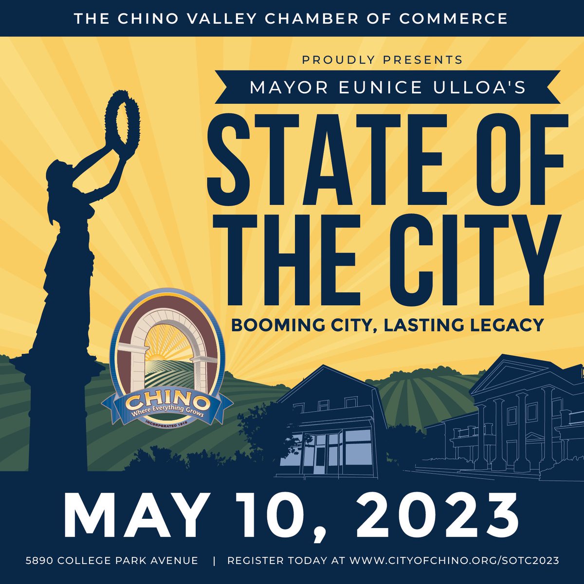 Be part of our Booming City and create a Lasting Legacy by sponsoring City of Chino's State of the City event! 🌟🚀 

Email zwelborn@chinovalleychamber.com to secure your sponsorship spot! 

#cvcc #chinovalleychamber #StateOfTheCity  #SponsorshipOpportunity