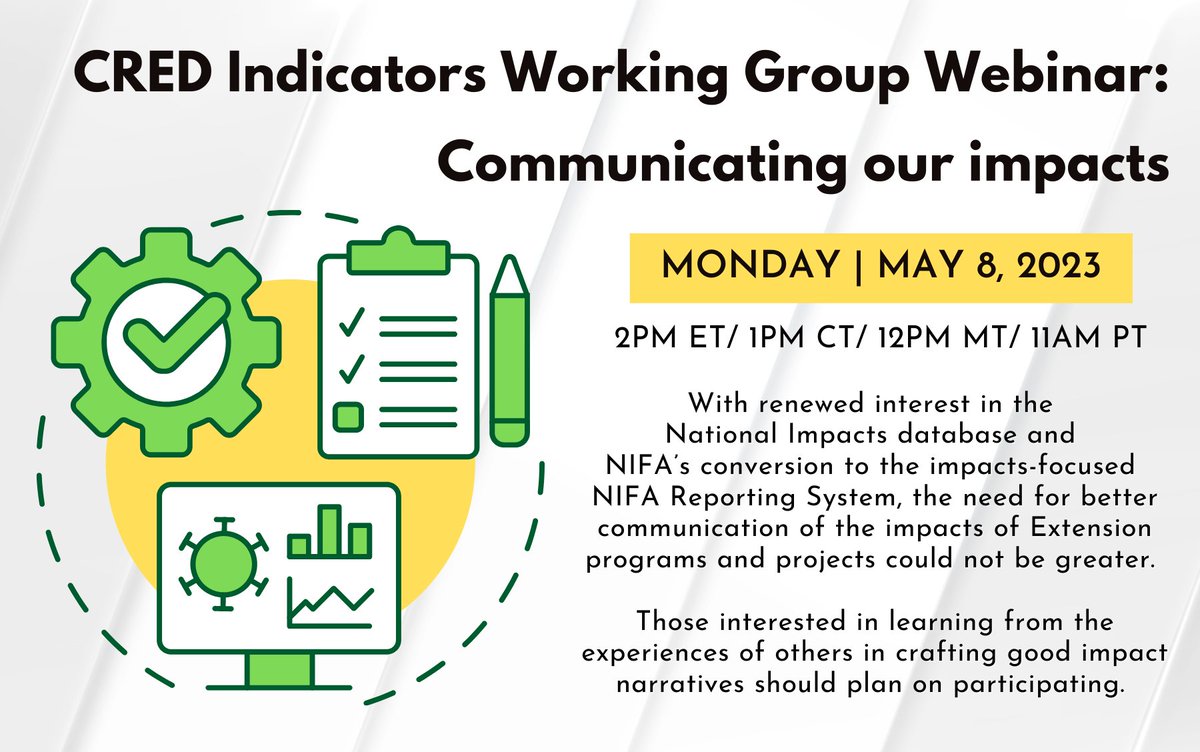 Join us for the CRED Indicators Working Group Webinar: Communicating our impacts Monday | May 8 @ 2PM ET/1PM CT/12PM MT/11AM PT Registration Link: msstateextension.zoom.us/meeting/regist… #webinar #impactstatements #communicatingimpacts #communityresource #economicdevelopmment #extension