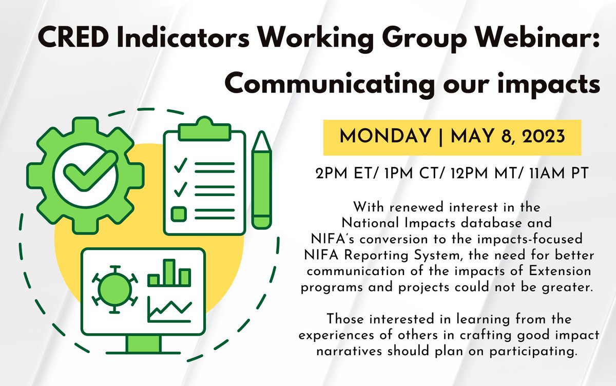 so_dev_center's tweet photo. Join us for the CRED Indicators Working Group Webinar:
Communicating our impacts
Monday | May 8 @ 2PM ET/1PM CT/12PM MT/11AM PT
Registration Link: https://t.co/590YlHQBGz
#webinar #impactstatements #communicatingimpacts #communityresource #economicdevelopmment #extension https://t.co/JZTsxcQmqP