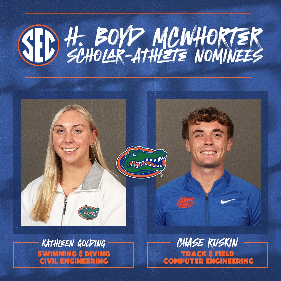2023 McWhorter Award Nominees 
↳ 🐊 <a href="/FloridaGators/">Florida Gators</a> 
 
🏊‍♀️ Kathleen Golding, <a href="/GatorsSwimDv/">Gators Swimming & Diving</a> 
🏃 Chase Ruskin, <a href="/GatorsTF/">Gators Track and Field & Cross Country</a> 
 
🔗 secsports.social/hbm-fl