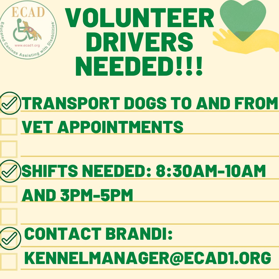 ECADServiceDogs's tweet photo. PSA!!!!! We need volunteer drivers to shuttle the dogs to and from veterinary appointments! 🚗🐾
If you are interested, please apply here first! : https://t.co/hCmudU14Zb.
Please share! #ecadservicedogs #volunteersneeded #servicedogschangelives #dogdriver #weloveourvolunteers https://t.co/Doc4IFk3Md