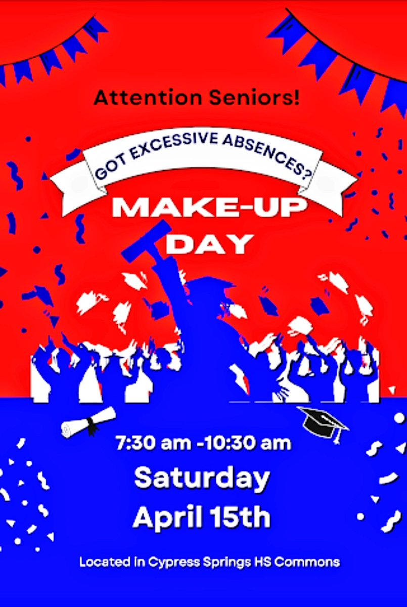 CSHS Seniors23 <a href="/CySpringsHS/">Cypress Springs HS</a> is hosting a special EA Makeup Saturday.
Save the Date &amp; Be on Time. 🎓 May 25th.
#Repost
<a href="/2015CSPrincipal/">Dr. Cheryl T. Henry</a> <a href="/tlgreen22/">Tiffany Green</a> <a href="/CoachOFagan/">Oji Fagan</a> <a href="/CoachKC_Rider/">Kyuara “KC” Rider</a> <a href="/CoachBLayton/">Coach Layton</a> <a href="/Coach87AKA/">Coach Adams</a> <a href="/coachcarter1911/">CoachCarter7</a> @cyspringccs @Collins_CSHS_DI <a href="/TroyCollavo/">Dr. Troy Collavo</a> <a href="/KSC_CSHS/">K. S. Childress</a> @harjo_mr