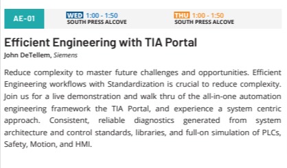 jamesvgingerich's tweet photo. #ManufacturingInAmerica.  Coming up at 1pm.  Efficient Engineering with TIA Portal.  AE-01.  #MiA23 #Manufacturing https://t.co/vUCAe6fc57