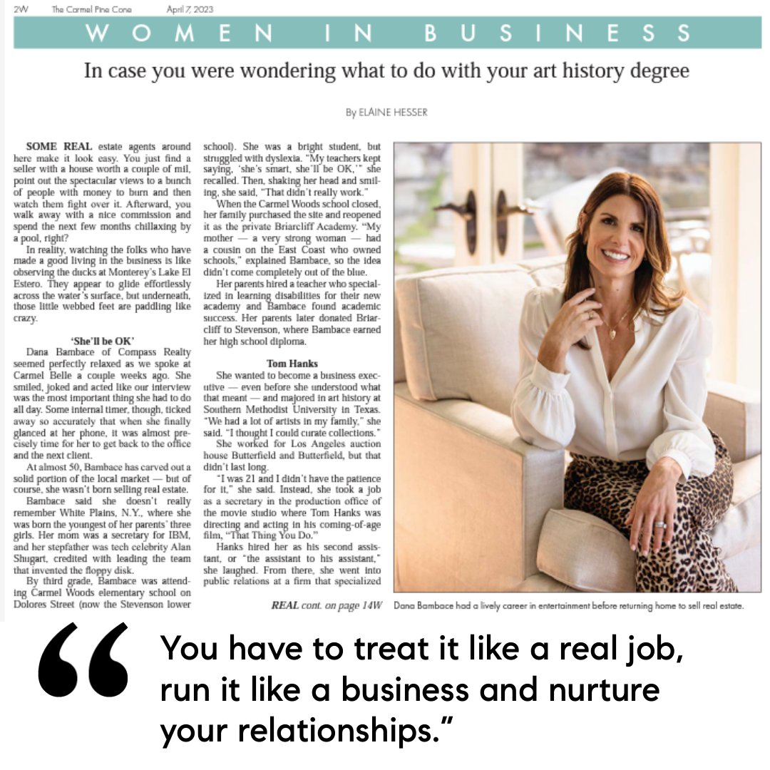 MarkBPeterson's tweet photo. Did  you know Dana worked for Tom Hanks? A fun background on  @danaabambace in the Women in Business section of the @carmelpinecone . "You have to treat it like a real job, run it like a business and nurture your relationships."  See the complete profile https://t.co/bDx6D05ULp https://t.co/ihj9BJDTAc