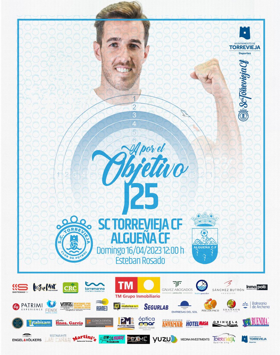 SCTorreviejaCF's tweet photo. #J25

📢 ¡PRÓXIMO PARTIDO! 🔵⚪

🏃 Masculino A
🏆 1ª Regional
🆚 @AlguenaC 
🗓 16/04 (Domingo)
🕥 12.00 h.
🏟️ “Esteban Rosado” (Torrevieja)
☁️ 20ºC Máx.

“A por el objetivo 🎯”

#SCTorrevieja https://t.co/vZQUqZaysn