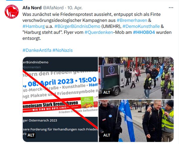 AfaNord's tweet photo. #Reichsbürger Christopher Behrens, Manuela Ertl &amp; Holger Griebner (#HamburgerForum) verteilten Flyer für #Ostermarsch #Hamburg.
Andreas Padelt (UMEHR / "BürgerbündnisDemo" beteiligte sich mit #Querdenken-Redner vom #HH0804 mit Banner auf der "Friedensdemo". 18/x

#NoNazis #HH1004 https://t.co/W3XJ8SsqYe