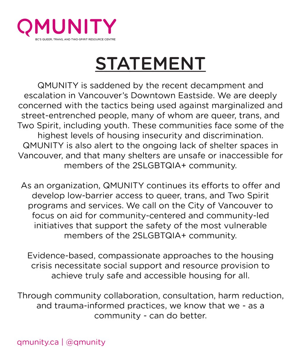 QMUNITY's statement addressing the displacement that's occuring in DTES. For further comments please contact michael.robach@qmunity.ca
