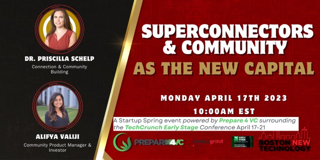 Prepare4VC's tweet photo. Join Workweek's Alifiya Valiji and Networkx's Priscilla Schelp for a fireside chat discussing the role of superconnectors and communities and how they affect startup ecosystems. This w ill be a virtual kickoff event to #prepare4vc's #startupSpring week https://t.co/BbCqM8FtL6 https://t.co/MHEcs3alQw