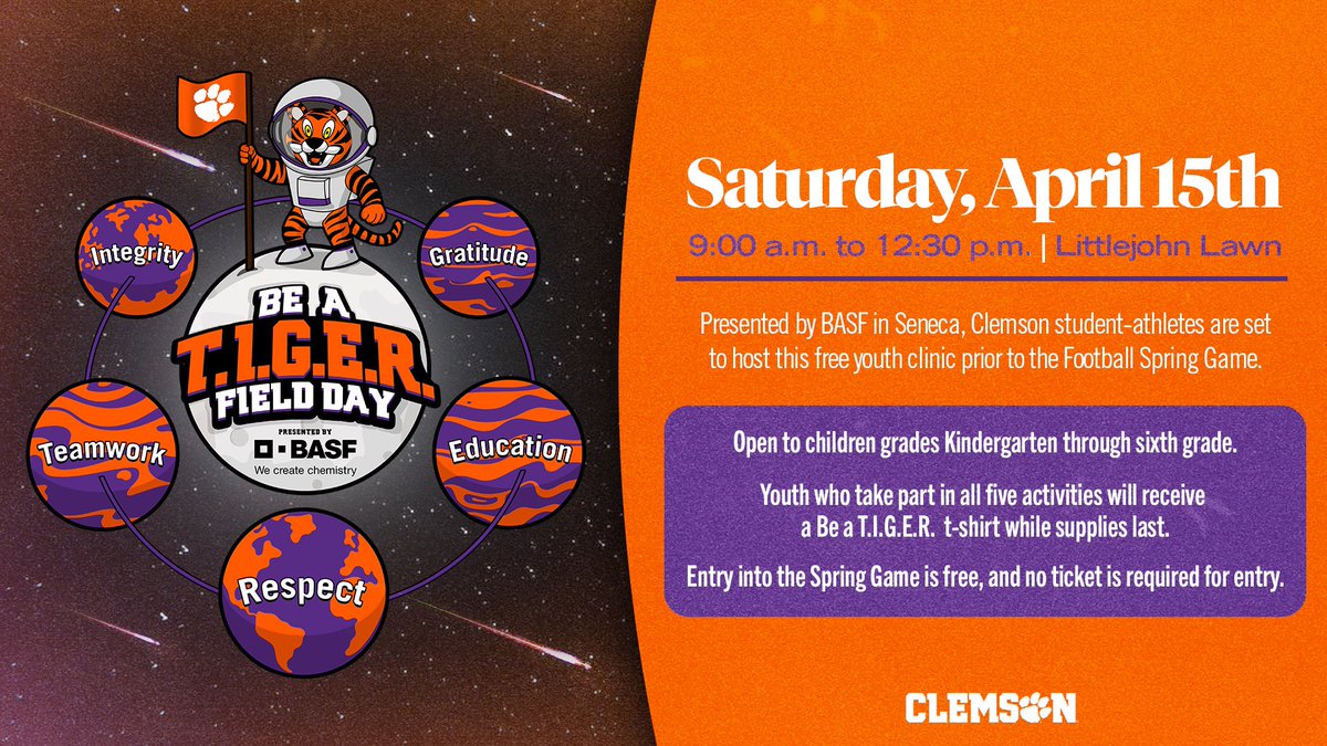 Be a T.I.G.E.R. Field Day is this Saturday before the <a href="/ClemsonFB/">Clemson Football</a> Spring Game!