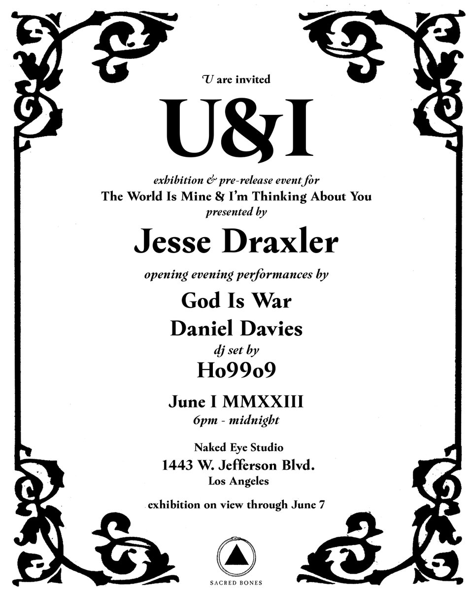 U are invited! @JesseDraxler at @nakedeyestudio dj set by @Ho99o9 and performance by @DDaviesMusic , JUNE 1st