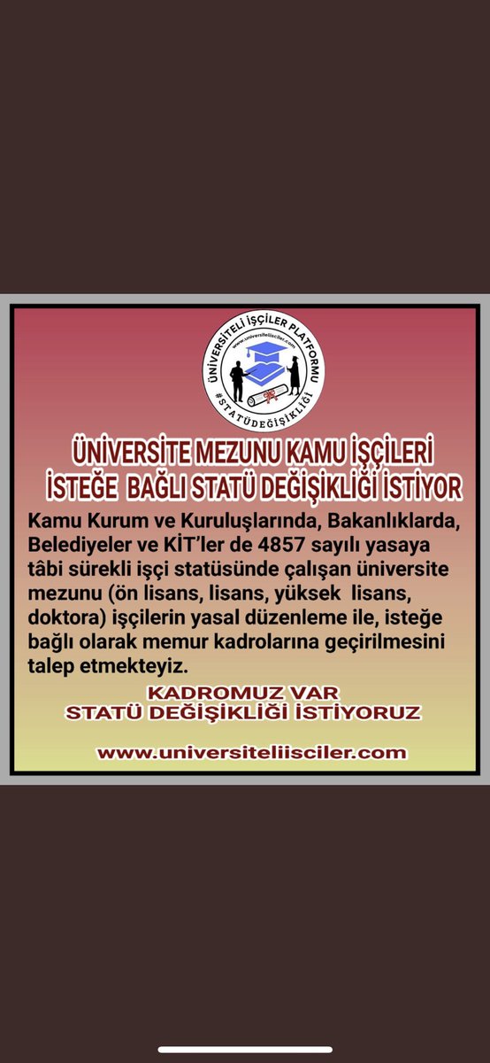 #Üniversiteliİsciler
Kamu Kurum ve Kuruluş, Bakanlıklar,Belediyeler ve KİT’ler de sürekli işçi statüsünde çalışan üniversite mezunu işçilerin yasal düzenleme ile, isteğe bağlı olarak memur kadrolarına geçirilmeyi talep ediyoruz.
<a href="/orkunyaz/">Orkun Yazgan</a> <a href="/tgrthabertv/">TGRT HABER</a> #SonNokta <a href="/RTErdogan/">Recep Tayyip Erdoğan</a>