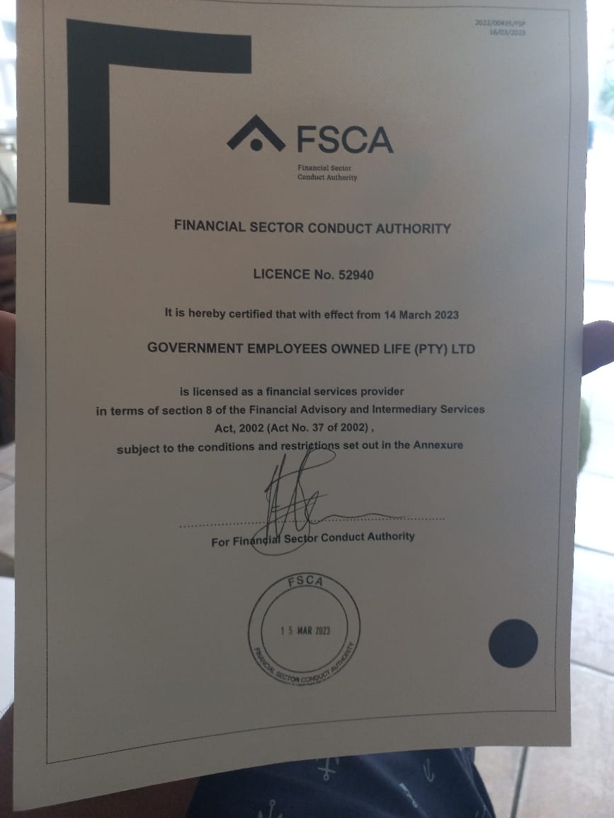 ANNOUCEMENT: The Board of Directors are pleased to annouce that Government Employees Financial Group is now an authorised financial services provider.

Government Employees Financial Group is an authorised FSP and registered credit provider, NCRCP14547