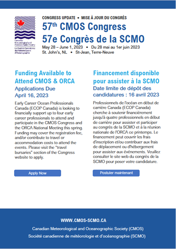 CMOS_SCMO's tweet photo. Funding available for up to 4 early career professionals to attend the @CMOS_SCMO Congress and ORCA meeting, Apply at https://t.co/cukDcfs5GB https://t.co/V0z2m0N6F9