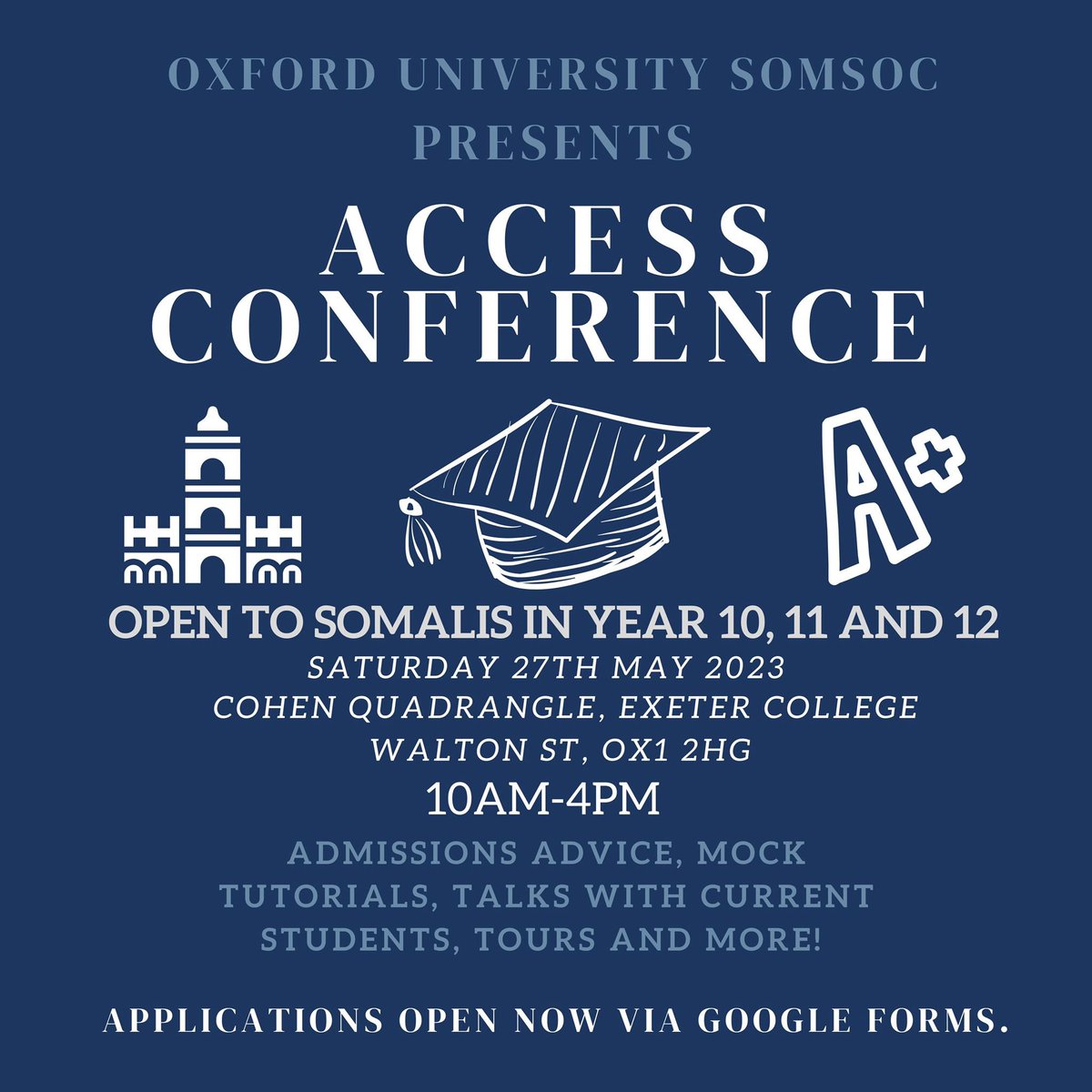 For any Somali students in Year 10, 11 and 12 interested in attending Oxford — we will be running an access conference at Oxford University on 27th May 2023. Please SHARE with anyone who may be interested. 
Here is the link to sign up: docs.google.com/forms/d/e/1FAI…