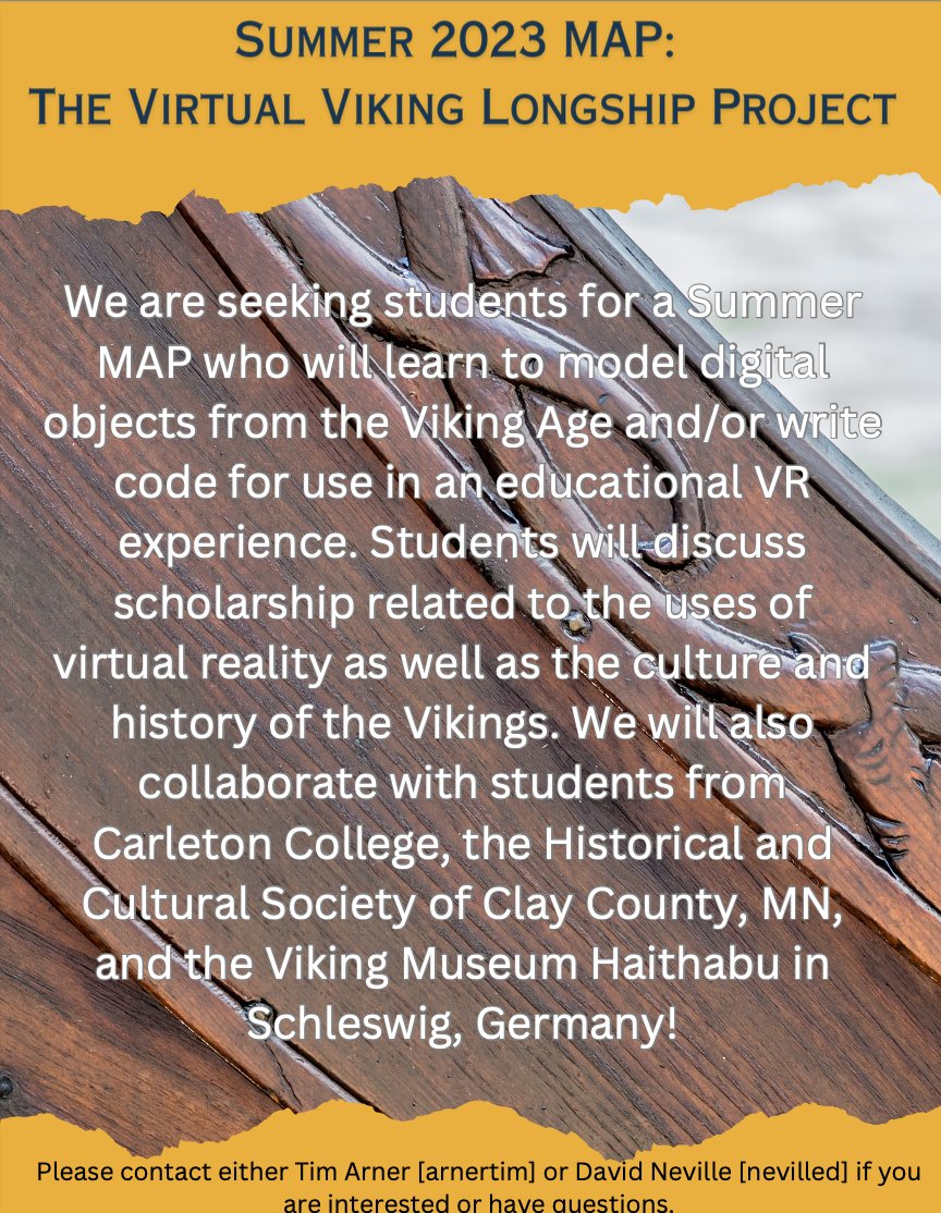 Timothy D. Arner (@timothydarner) on Twitter photo Summer MAP opportunity for Grinnell College students to work on The Virtual Viking Longship Project.
<a href="/GrinnellCIEL/">Grinnell College Immersive Experiences Lab (GCIEL)</a> Summer MAP opportunity for Grinnell College students to work on The Virtual Viking Longship Project.
<a href="/GrinnellCIEL/">Grinnell College Immersive Experiences Lab (GCIEL)</a>