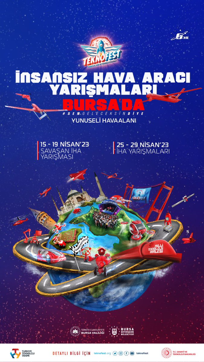 Merhaba,

TEKNOFEST 2023'ün *Bursa* ayağı;
 > *15-19 Nisan* tarihleri arasında *Savaşan İHA* 
 > *25-29 Nisan* tarihleri arasında *Uluslararası ve Liselerarası İHA*
kategorilerindeki yarışlar ile *Yunuseli Havalimanı'nda* gerçekleştirilecektir.