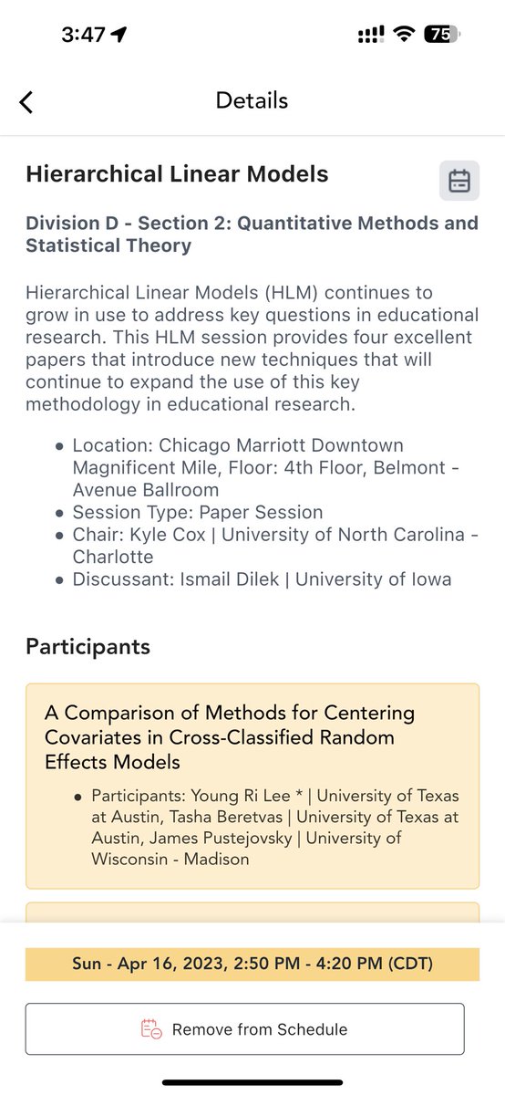 Presenting my paper on ‘Seeking new alternatives to recover level 2 covariates in multilevel modeling’ and chairing a section at #AERA2023! Can’t wait to connect with fellow researchers and share ideas. #multilevelmodeling #research #academia