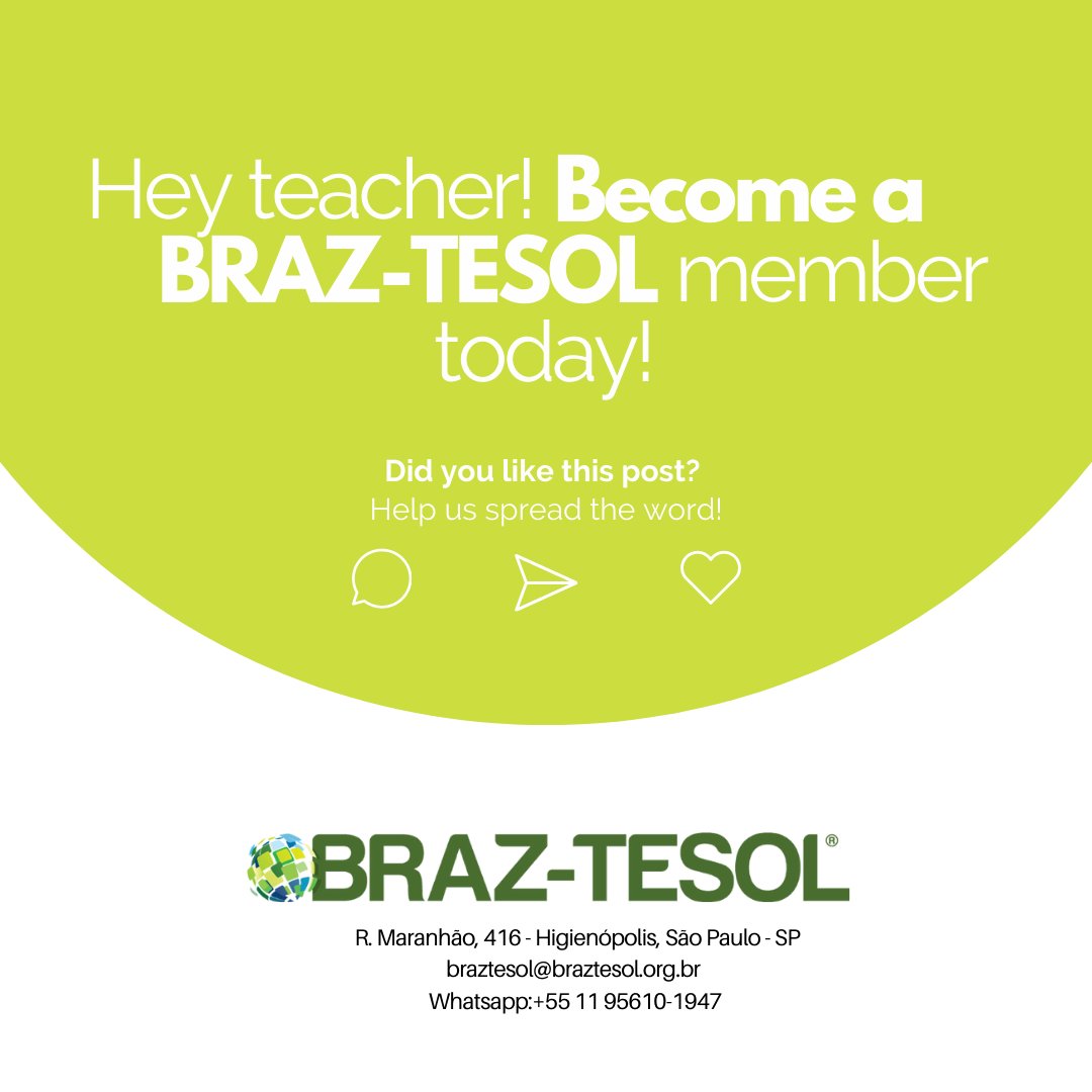 braztesol's tweet photo. Would you add anything to the list?

💻 Our 19th International Conference is coming! Make sure your membership is in good standing and register today!

#tesol #tesolteacher #iatefl #englishteacher #teachingenglish #englishteachers #braztesol https://t.co/NJZEjBi0or