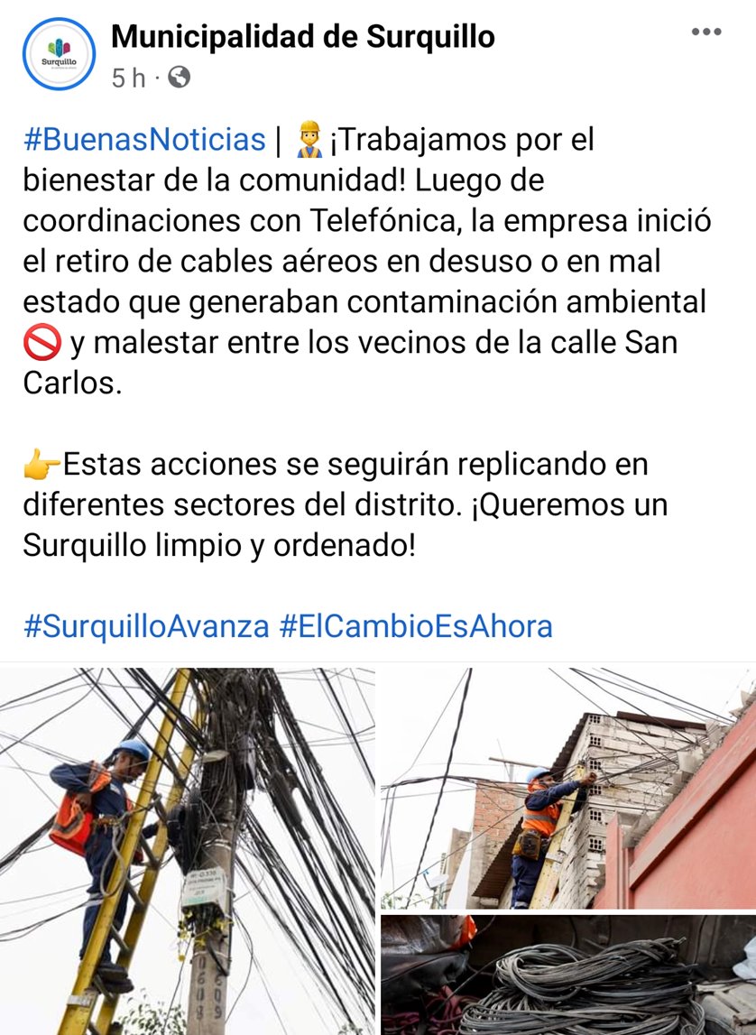 ComsMovistarPe's tweet photo. Junto con la @MuniSurquillo seguimos trabajando para retirar y reordenar cables aéreos en desuso o en mal estado. https://t.co/rKJyltPD7U