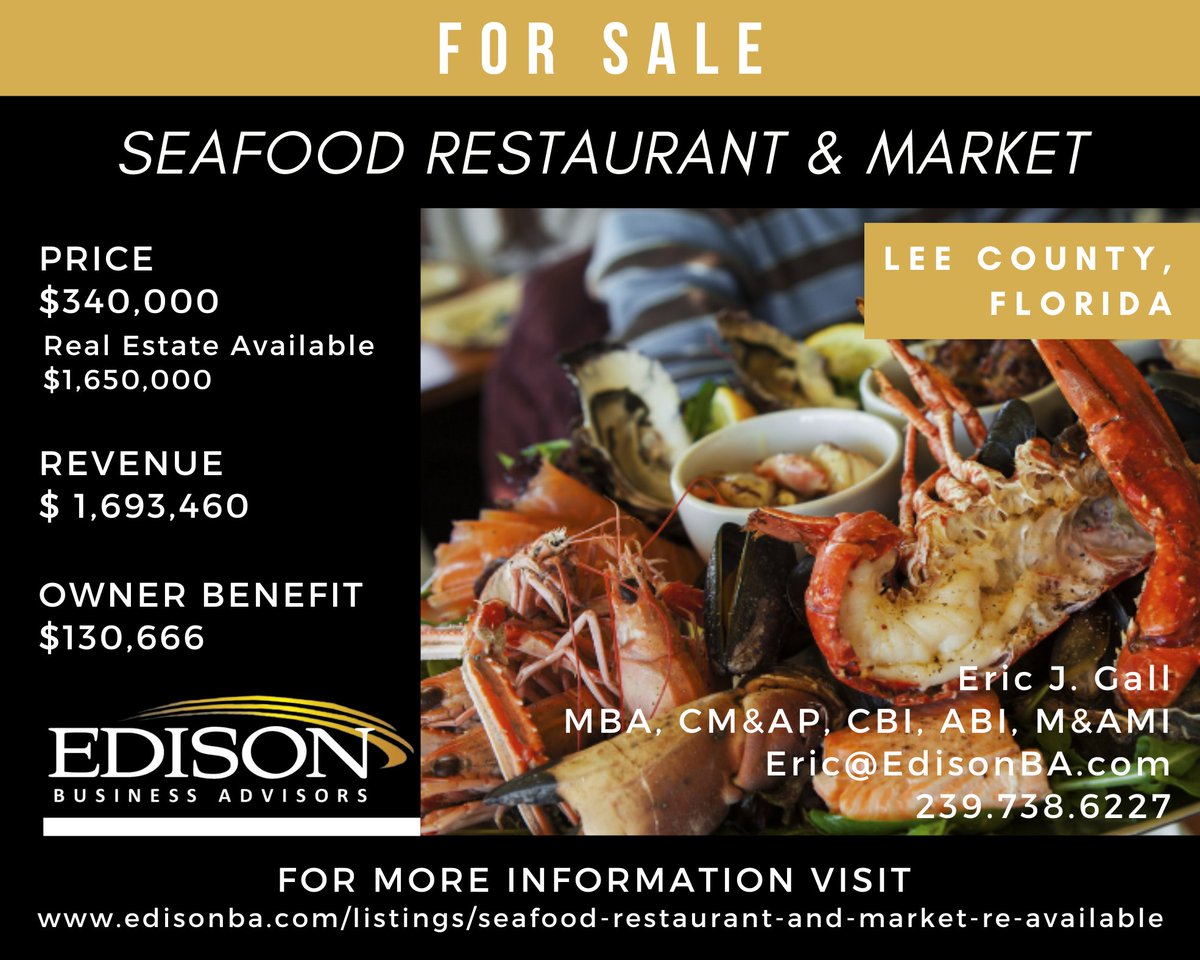 NEW LISTING: Seafood Restaurant & Market in Southwest Florida. Contact Eric at 239.738.6227 or Eric@EdisonBA.com to learn more. #restaurantforsale #businessforsale #buyabusiness #seafood #restaurant #swfl