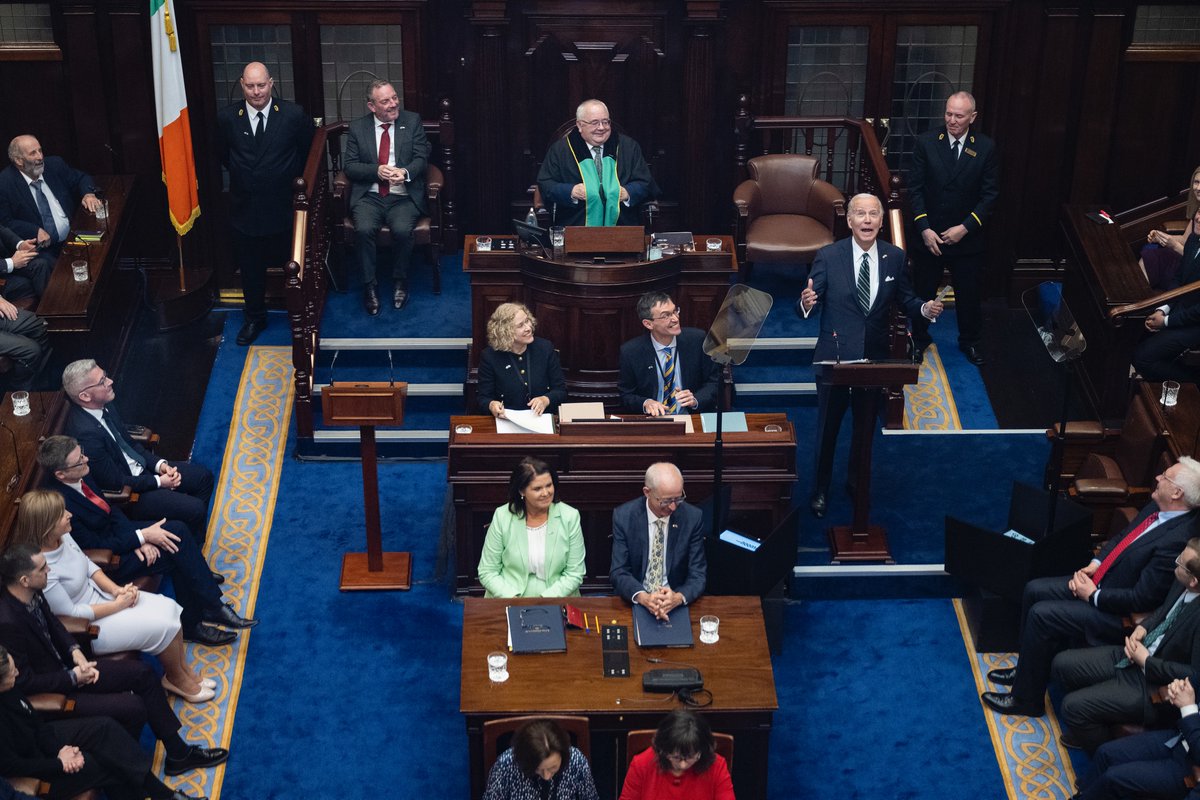 US President Joe Biden (R) reacts as he arrives to deliver a speech at the Dail Eireann, the lower house of the Irish Parliament, at Leinster House in Dublin, on April 13, 2023, during his four day trip to Northern Ireland and Ireland. @potus @AFPphoto @AFP #Ireland