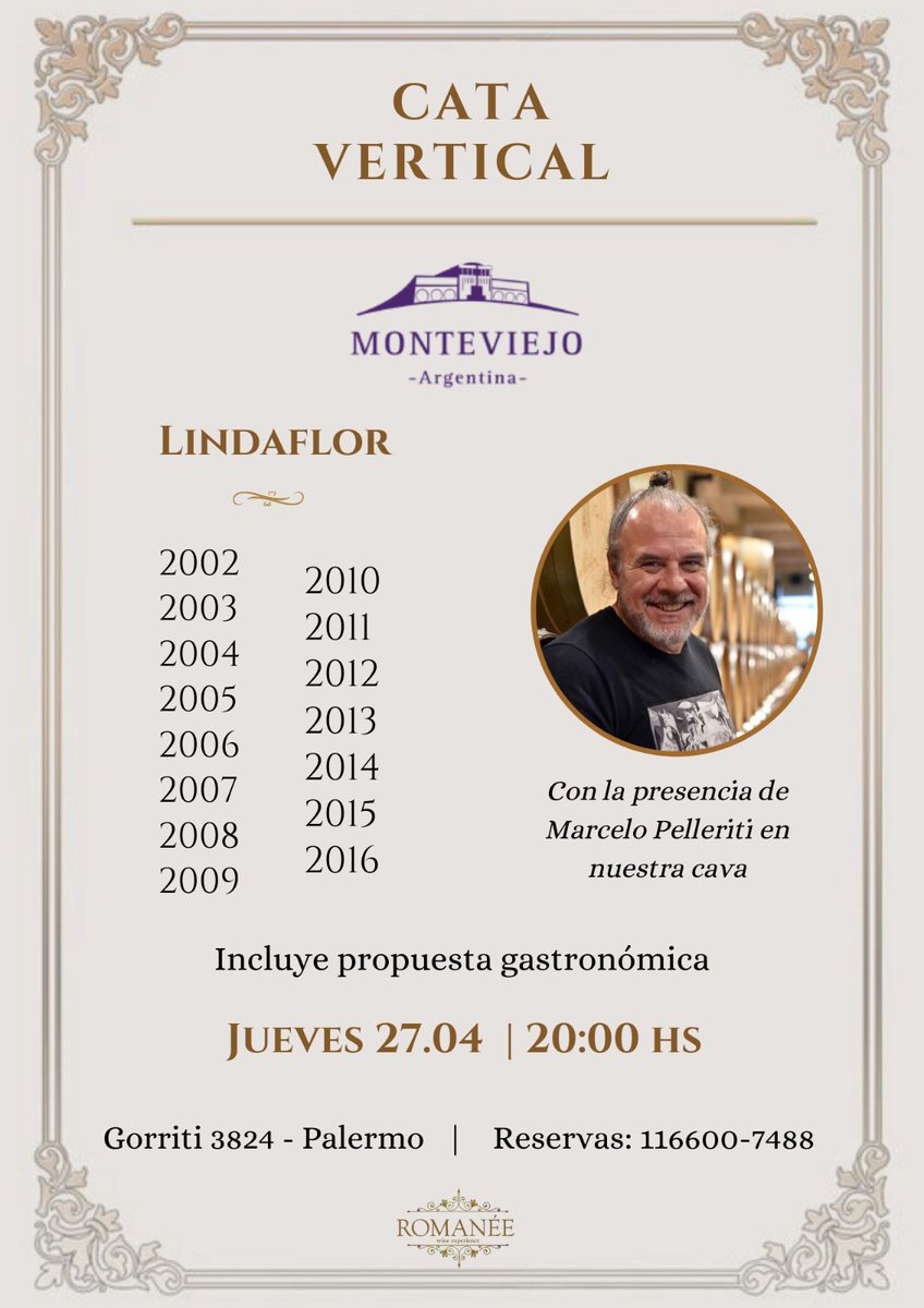 Todas las añadas del Lindaflor Malbec juntas por primera vez y presentadas por su hacedor 👏👏👏👏🍷🍷🍷🍷

<a href="/MarcePelleriti/">Marcelo Pelleriti</a> 
<a href="/BgaMonteviejo/">Bodega Monteviejo</a> 

Quedan pocos lugares!!!! Nos vemos ahí!!!!