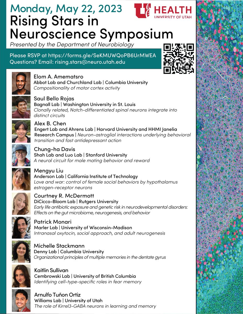 It's that time of year when we get to announce the next cohort of <a href="/UUNeurobiology/">U of Utah Department of Neurobiology</a> Rising Stars! Pleased to announce @AmematsroElom @SBelloRojas31 <a href="/alexbchen/">Alex Chen</a> <a href="/0chungha/">Chung-ha Davis</a> <a href="/MengyuLiu96/">Mengyu Liu 刘孟宇</a> @Crmcdermott <a href="/PatrickKMonari/">Patrick Monari, PhD</a> @mstackmann <a href="/NeuroSully/">Kaitlin Sullivan, PhD</a> <a href="/tuna_ortiz/">Tuna Ortiz</a> as our 2023 incoming class!