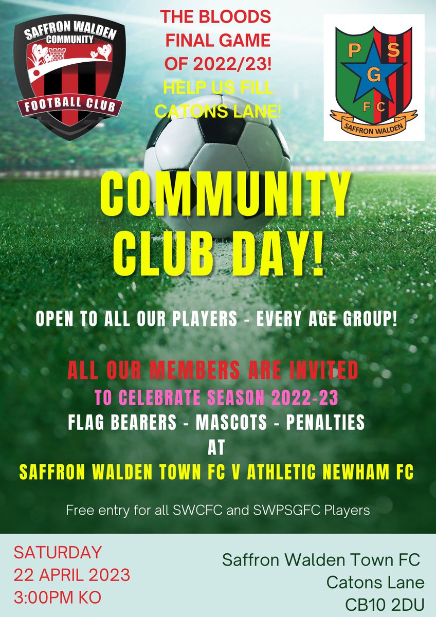 Saffron Walden Community FC (@swcommunityfc) on Twitter photo Help us fill <a href="/SWTFootballClub/">Saffron Walden Town FC</a> - all our members and <a href="/swpsgfc/">Saffron Walden Community Girls FC</a> are invited!
Free entry for our Members - please attend if you can!
<a href="/swtic/">Saffron Walden TIC</a>  <a href="/EssexSenior/">Essex Senior League</a> <a href="/SaffronBS/">Saffron Building Society</a> <a href="/swaldenreporter/">Saffron Walden Reporter</a> <a href="/tweetswchs/">Saffron Walden County High School</a> <a href="/CambsFA/">Cambridgeshire FA</a> <a href="/Saffronwaldentc/">Saffron Walden Town Council</a> <a href="/acc_ada/">blood1</a> <a href="/NonLeagueCrowd/">Non League Crowds</a> <a href="/TonyIncenzo/">Tony Incenzo TV/Radio football reporter ๐ฎ๐น ๐ฎ๐ช</a> <a href="/squeezefootball/">Squeeze</a> Help us fill <a href="/SWTFootballClub/">Saffron Walden Town FC</a> - all our members and <a href="/swpsgfc/">Saffron Walden Community Girls FC</a> are invited!
Free entry for our Members - please attend if you can!
<a href="/swtic/">Saffron Walden TIC</a>  <a href="/EssexSenior/">Essex Senior League</a> <a href="/SaffronBS/">Saffron Building Society</a> <a href="/swaldenreporter/">Saffron Walden Reporter</a> <a href="/tweetswchs/">Saffron Walden County High School</a> <a href="/CambsFA/">Cambridgeshire FA</a> <a href="/Saffronwaldentc/">Saffron Walden Town Council</a> <a href="/acc_ada/">blood1</a> <a href="/NonLeagueCrowd/">Non League Crowds</a> <a href="/TonyIncenzo/">Tony Incenzo TV/Radio football reporter ๐ฎ๐น ๐ฎ๐ช</a> <a href="/squeezefootball/">Squeeze</a>