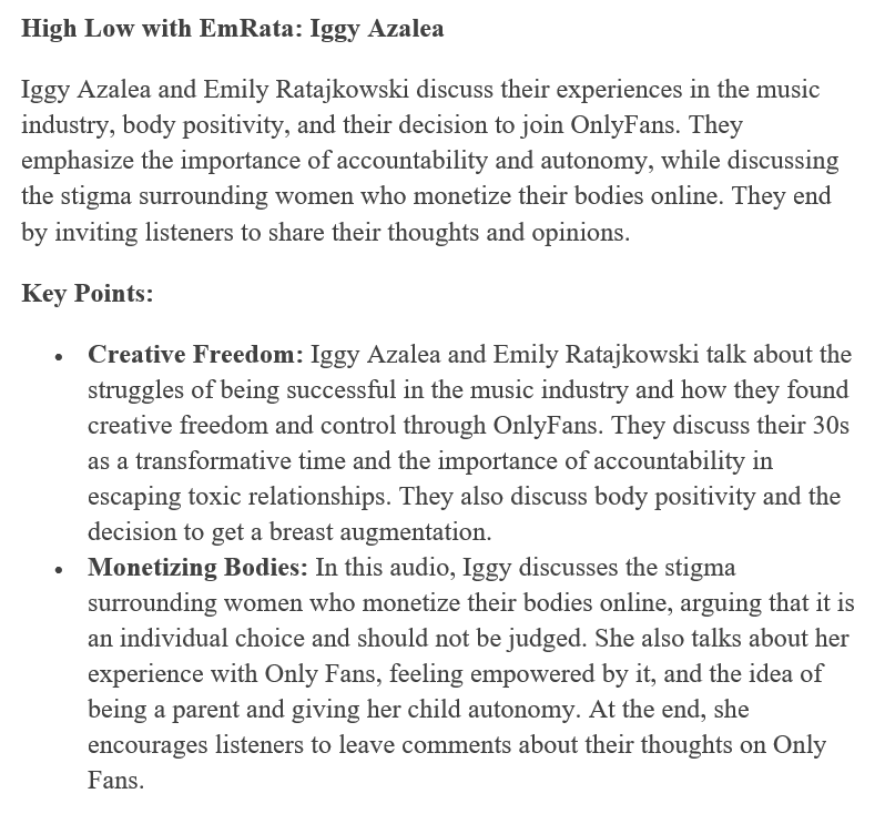 BernhardE3's tweet photo. AI generated Podcast Summary: High Low with EmRata: Iggy Azalea https://t.co/uVSMt4y4y9