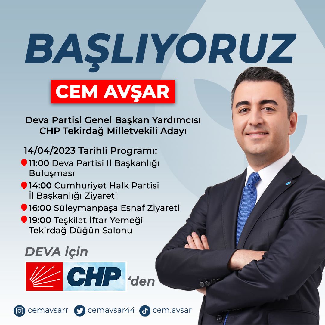 Tekirdağ’ın dertlerine DEVA olmak için iktidar yürüşümüze yarın BAŞLIYORUZ .... <a href="/cemavsarr/">Cem Avsar</a> <a href="/TekirdagaDEVA/">DEVA Partisi Tekirdağ</a>
