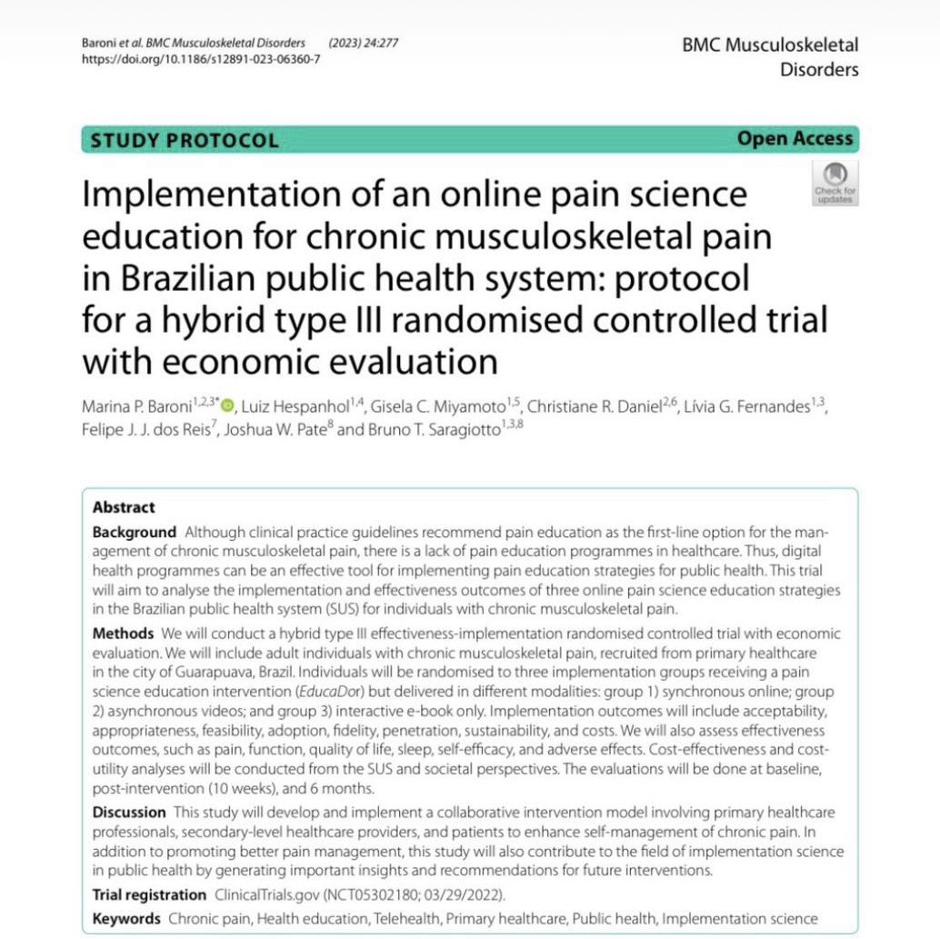 Bruno Saragiotto (@bsaragiotto) on Twitter photo What if evidenced based pain education is implemented in the public health system?? In Guarapuava, Brazil we are doing that 😊 excellent work led by Marina Baroni!! Can’t thank my collaborators enough <a href="/LucaHespanhol/">Luiz Hespanhol</a> <a href="/felipereisifrj/">Felipe Reis, PhD</a> <a href="/JoshuaWPate/">Joshua W. Pate, PhD</a> Gisela, Christiane and Livia! What if evidenced based pain education is implemented in the public health system?? In Guarapuava, Brazil we are doing that 😊 excellent work led by Marina Baroni!! Can’t thank my collaborators enough <a href="/LucaHespanhol/">Luiz Hespanhol</a> <a href="/felipereisifrj/">Felipe Reis, PhD</a> <a href="/JoshuaWPate/">Joshua W. Pate, PhD</a> Gisela, Christiane and Livia!