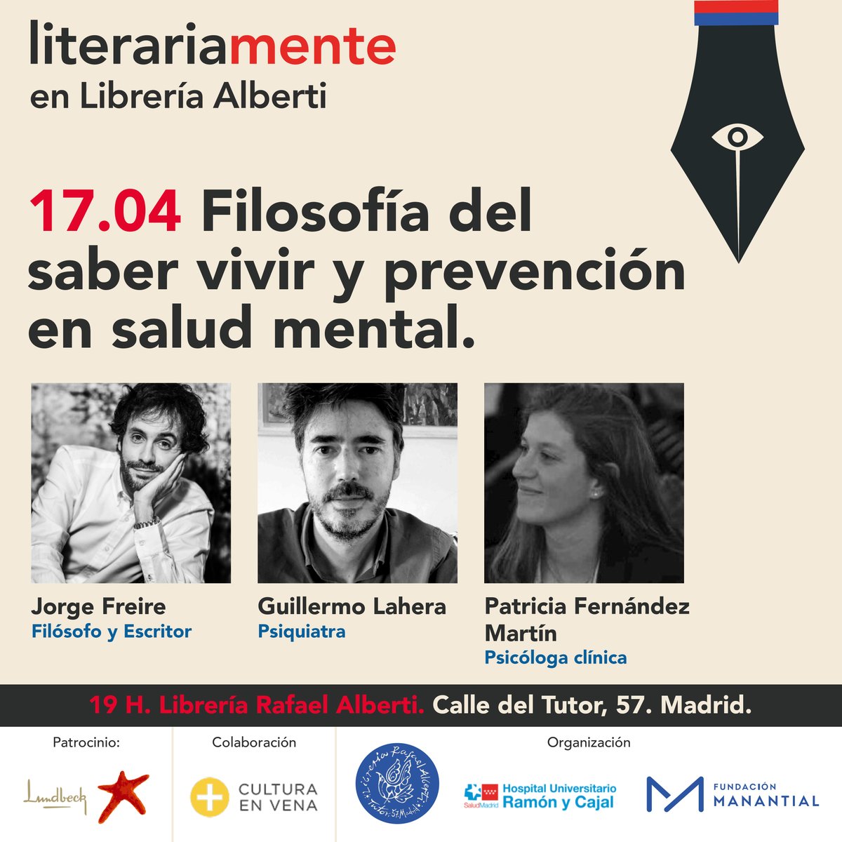 📢 'Filosofía del saber vivir y prevención en #saludmental'en @LibreriaAlberti que reúne el 17 de abril a @GuillermoLahera @patriileo y @JorgeFreire_. 📍 C/ del Tutor, 57. Madrid 🕡19h. Entrada libre hasta completar aforo. #LiterariaMente @LundbeckES @CulturaEnVena_ #literatura