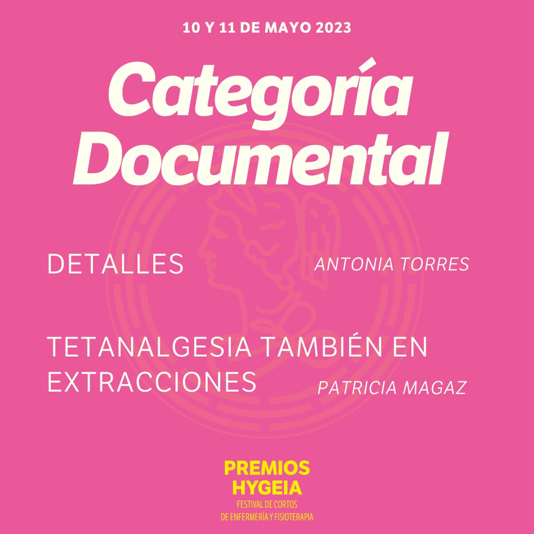Y los finalistas de la III Edición del #Festival de cortometrajes #Hygeia en la categoría #Documental son:
“Detalles” de @AreaOsuna 
“Tetanalgesia también en extracciones” de Patricia Magaz
Pide ya tu invitación para la gala!
🎟️ mtr.cool/bjbsyoyrrt
