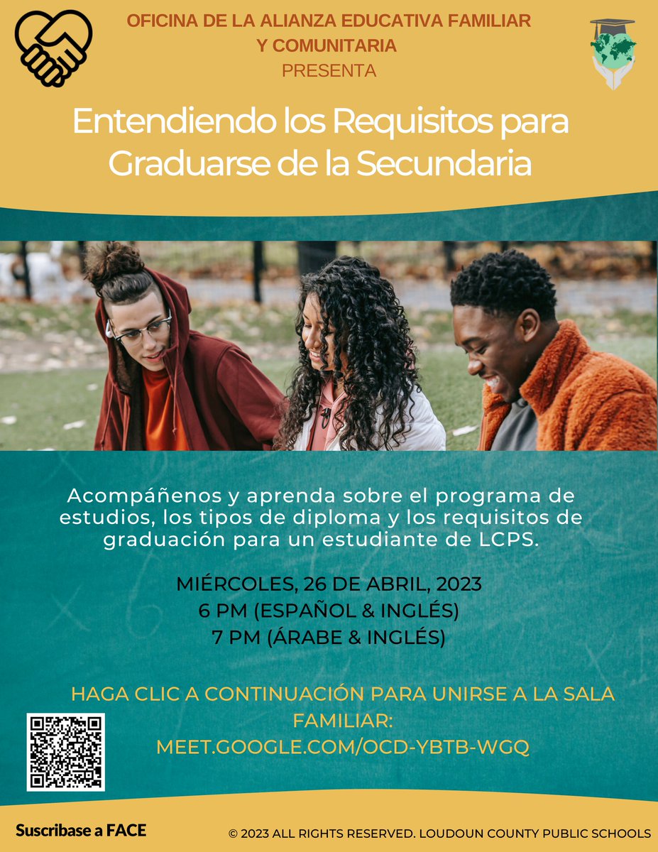 Join us on 4/26 to learn about High School Graduation Requirements within LCPS! We will explore Program of Studies, Diploma types &amp; all graduation requirements.
Click here to join: MEET.GOOGLE.COM/OCD-YBTB-WGQ6 
6 PM Spanish &amp; English
7 PM Arabic &amp; English
<a href="/LCPSELLProgram/">LCPS EL Program</a> 
<a href="/charisse_ro/">Charisse Rosario</a>