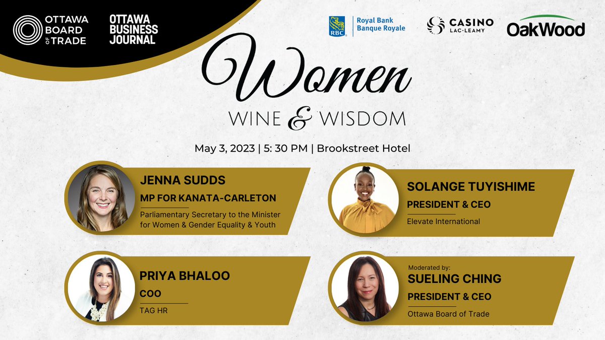 ottawabot's tweet photo. We're excited to announce the return of #WomenWineWisdom! Join us on May 3rd for a conversation with @JennaSudds, MP for Kanata-Carleton, @MissSolange, President and CEO of @elevateintlorg, and Priya Bhaloo, COO of TAG HR. 
Register today: https://t.co/kow7flMwKL https://t.co/mX1LhDKGCM