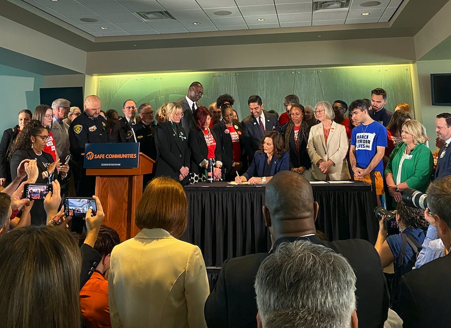 MichStateMedSoc's tweet photo. We are excited to see @GovWhitmer and #mileg pass gun safety reforms. Brian Stork, MD, member of the MSMS Board of Directors, was able to attend the bill signing! Read our full statement on the legislative package: https://t.co/aIcirak09X https://t.co/MM1zaP9tgJ