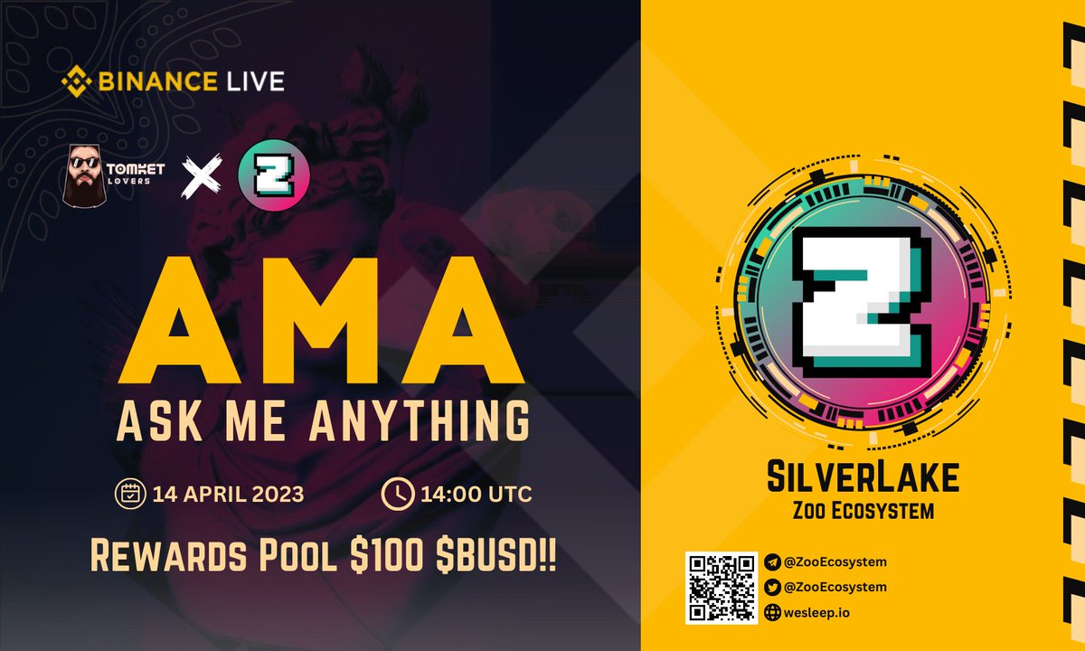 We are pleased to announce the Binance LIVE AMA with Zoo Ecosystem

AMA Timing : 14 April 2023 | 14:00 UTC  
Reward : 100$     

Rules to join :
t.me/tomketloversre…

#AMA #BinanceLive