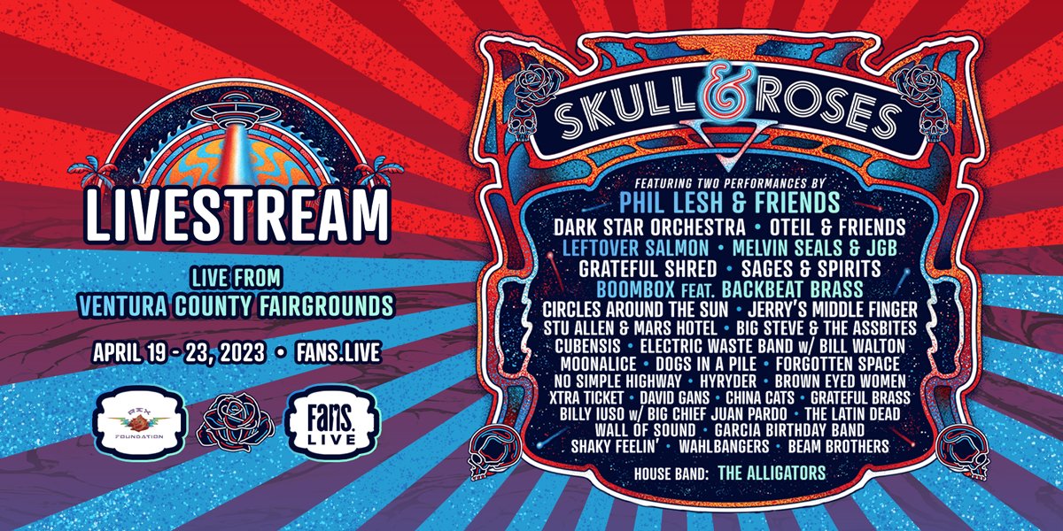 💀🌹Celebrate the music + community of the Grateful Dead w/ Phil Lesh & Friends, Dark Star Orchestra, Oteil & Friends, Melvin Seals & JGB + more live from Ventura County Fairgrounds, APR 19-23. Watch for free + support @RexFoundation on @FansBelongHere! -> fans.live/skullandroses