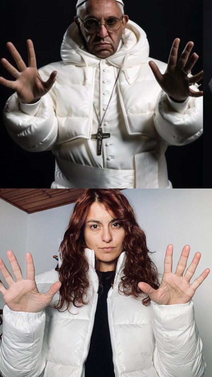 AgusDeBortoli's tweet photo. Me compré una campera blanca y no pude sacar de mi mente que parezco ésto 😂  
#papafrancisco
#PopeFrancis 
#InteligenciaArtificial 
#meme https://t.co/VrzTdJgZ5d