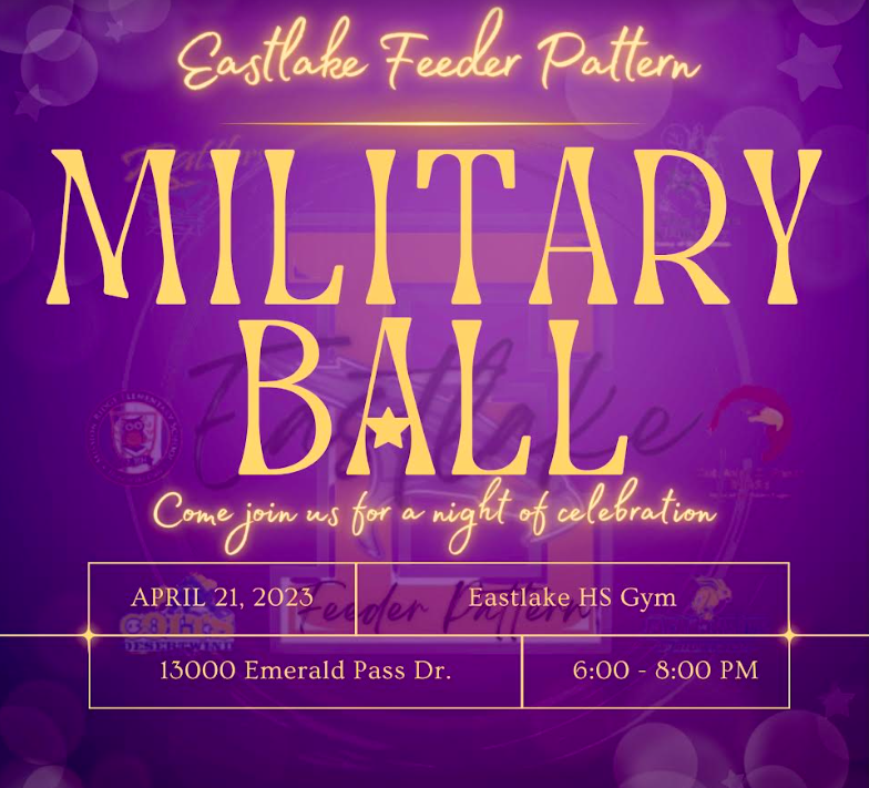Eastlake Feeder pattern will be hosting a Military Ball next Friday April 21st from 6-8PM if you are Active Military or a Veteran please bring your kids for a fun night with music and snacks. #SISD 💜🧡