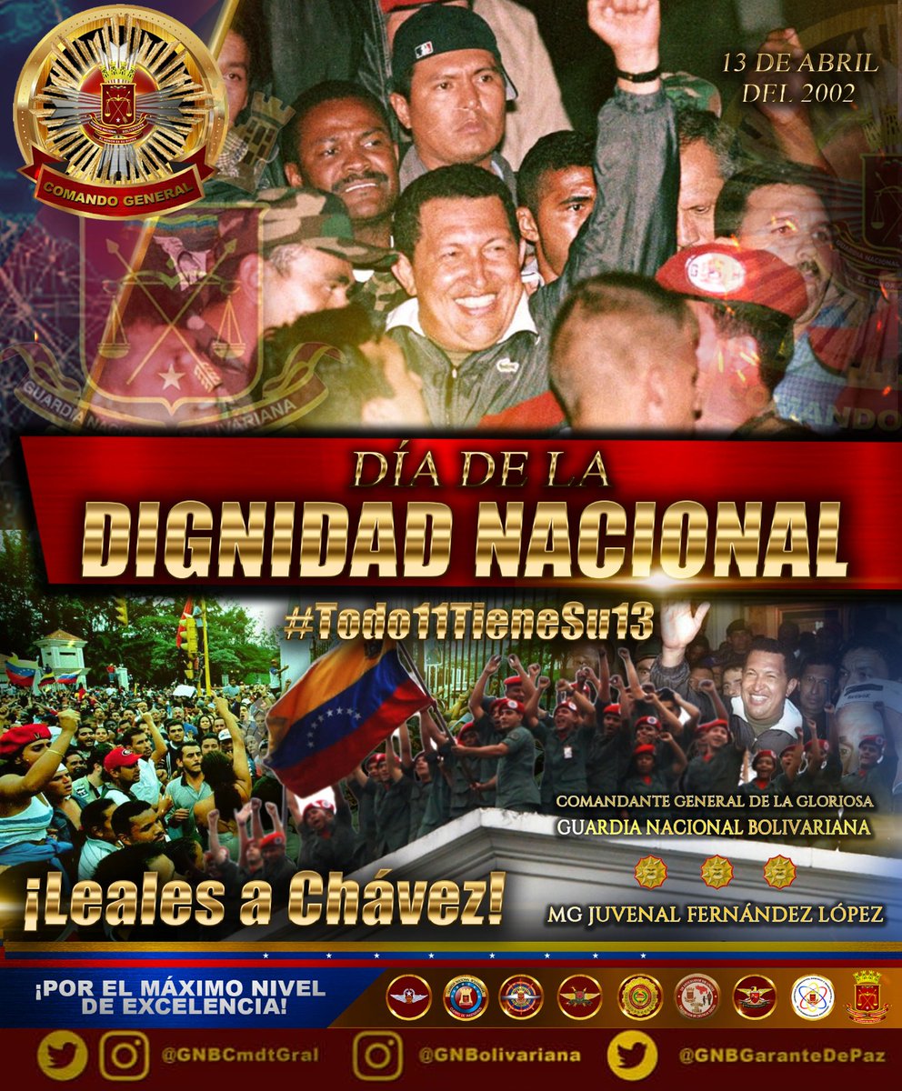 21 años del victorioso 13 de abril del 2002, donde el Pueblo Valiente y su Fuerza Armada Nacional Bolivariana, 
con profundo amor por la Patria, salieron al rescate de nuestro Cmdte Eterno Hugo Chávez, logrando restituir el orden constitucional.
#PuebloYFANBUnidadyLealtad