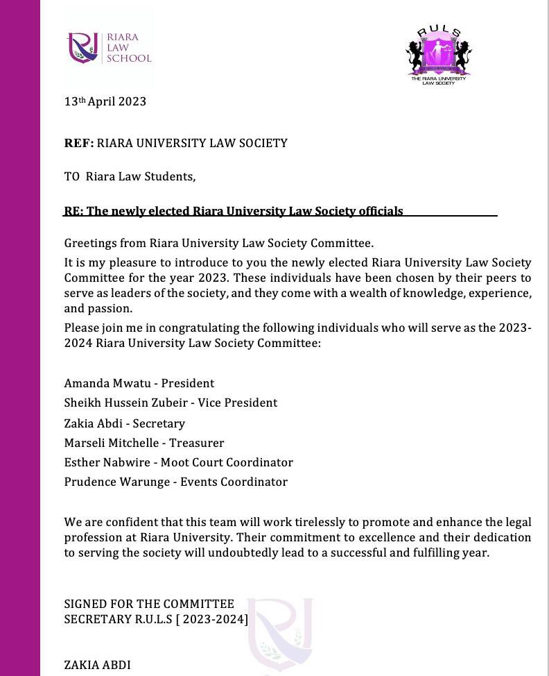 Congratulations to the newly elected Riara University Law Society Committee 2023-2024🤗

<a href="/RiaraUniversity/">Riara University</a> <a href="/RiaraLaw/">Riara Law School</a>