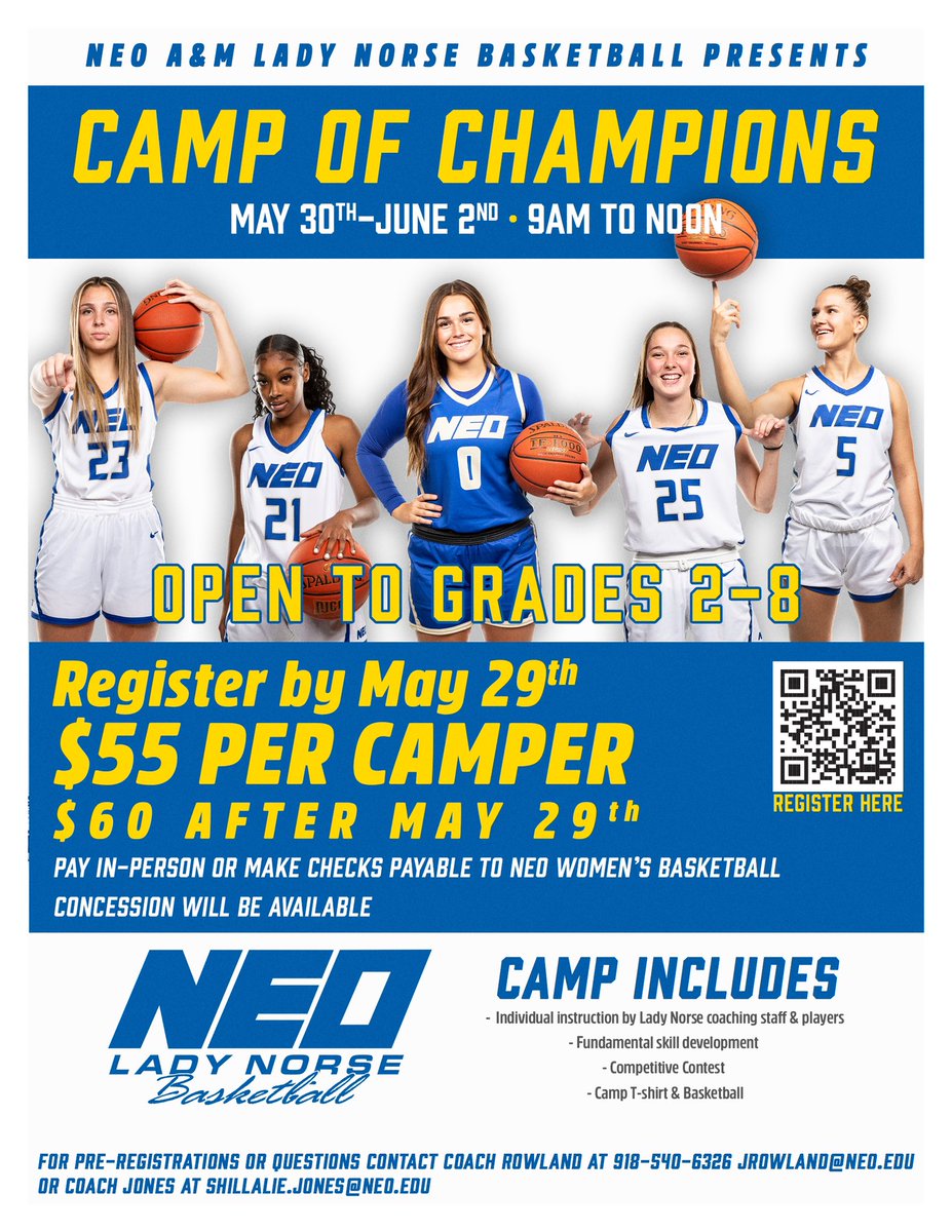 🔱Camp Of Champions🔱

🔹Grades 2nd - 8th (girls) 
🔹May 30th - June 2nd 9am-12pm
🔹NEO FIELDHOUSE (Miami,OK)

Register at the link below🔽🔽🔽

neo.edu/camp-of-champi… 

Or Scan The QR Code!

#RowNorseRow #TheNorseWay