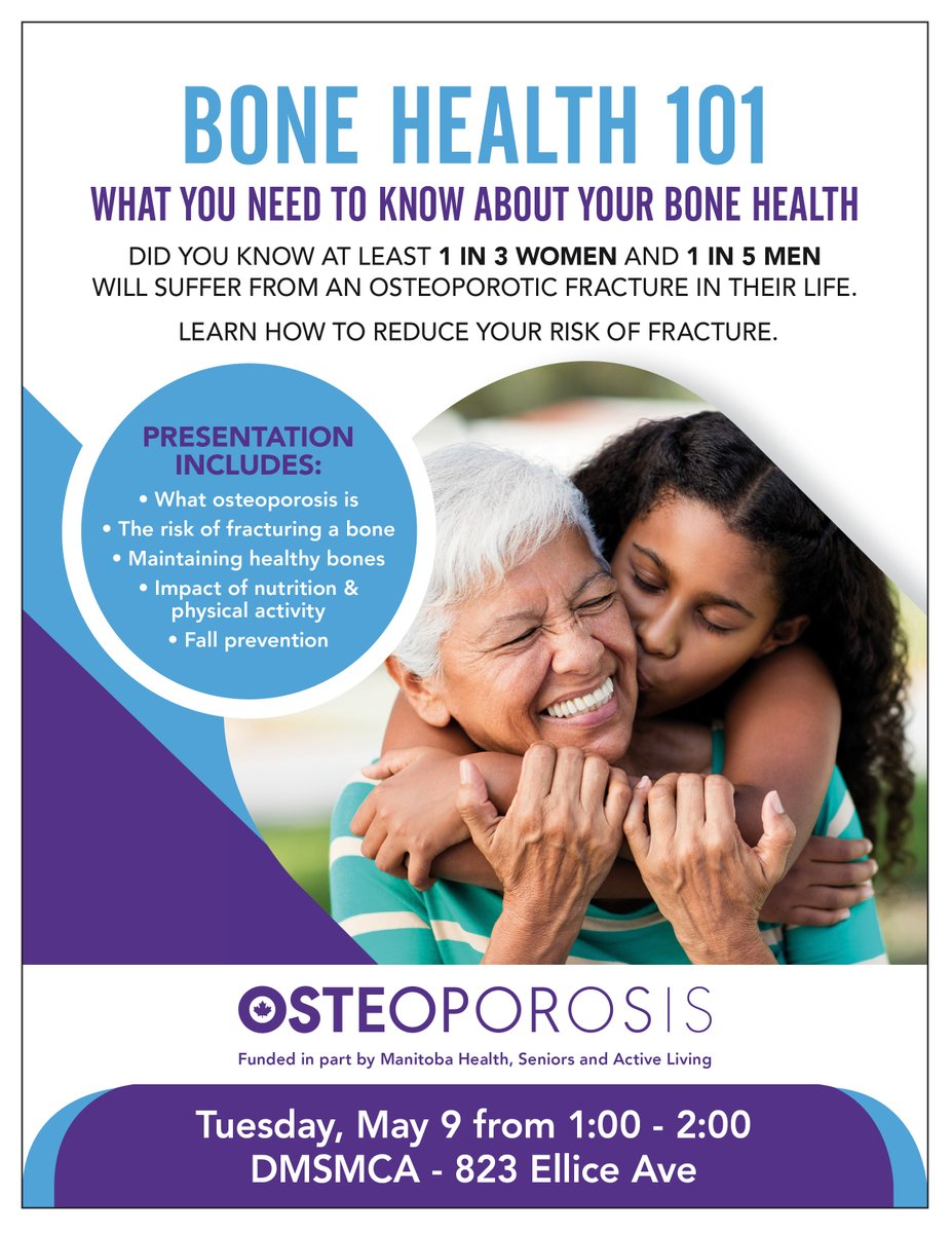 Join us on Tuesday, May 9 from 1:00- 2:00 pm for "Bone Health 101" presented by @OsteoporosisCA

What can you do to protect your bones? Learn about osteoporosis, the risk of fracturing &amp; how to maintain healthy bones.

This presentation is intended for older adults aged 55+.