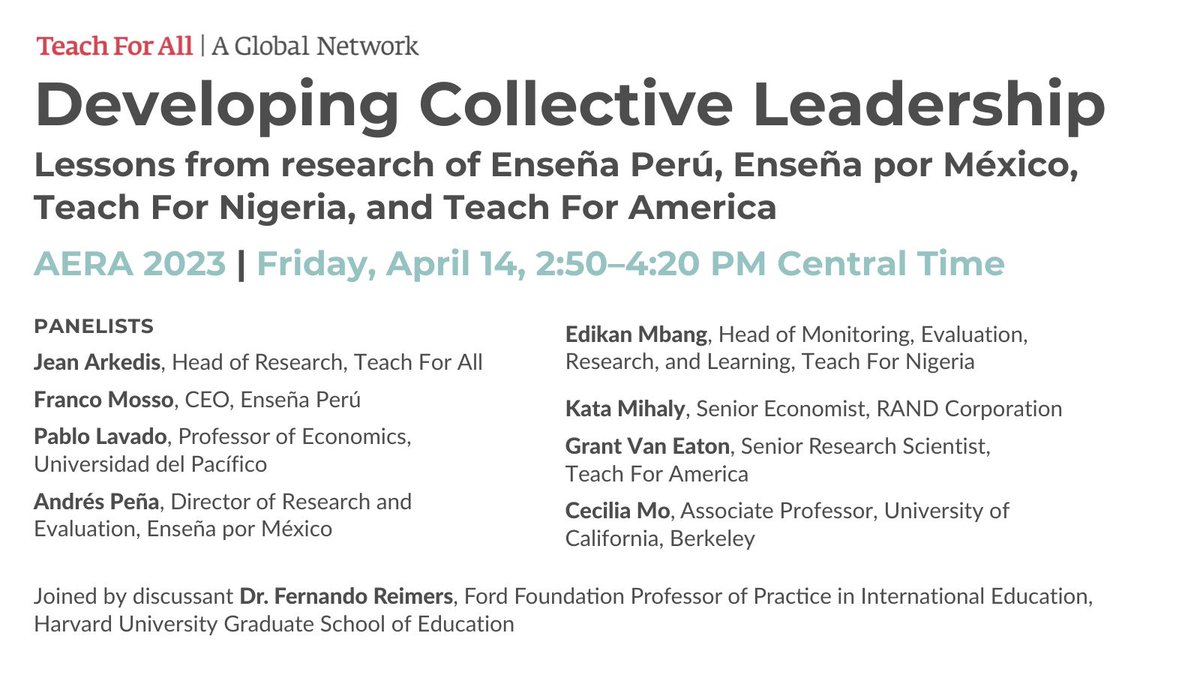 TeachForAll's tweet photo. Attending #AERA23? 👀 Look out for our session on "Developing Collective Leadership" to hear from lessons across our global network on some of the research and insights on developing collective leadership in #education 💡📚

📅 Join us on Friday, April 14th at 2:50pm CDT! https://t.co/ayTGjPr4Dn