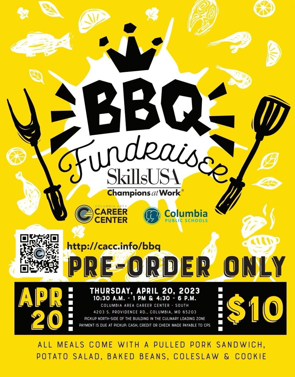 SkillUSA BBQ Fundraiser, Thursday, April 20th (Lunch and Dinner). Pre-Order strongly suggested to secure order. Order form and info in link CACC.info/bbq