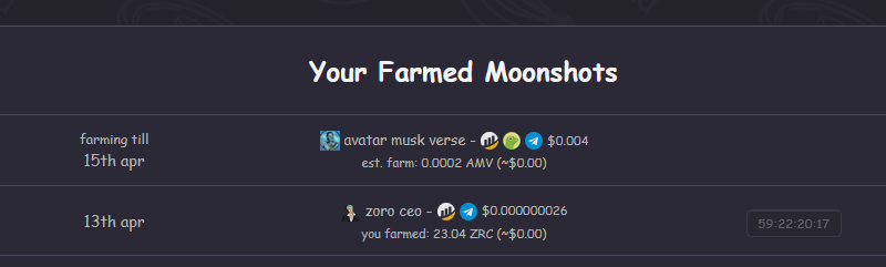 Moonshots Farm (formerly Squirrel) (@moonshotsfarm) on Twitter photo Our latest moonshot $ZRC has now ended farming, so you can see how many your $CAKE or $BSW farmed over past 2 days! π§βπΎ Next moonshot selected by community to farm is
<a href="/avatarmusk/">Avatar Musk Verse</a>'s $AMV token! πΈ #bsc
π moonshots.farm ππ FARM NOW Our latest moonshot $ZRC has now ended farming, so you can see how many your $CAKE or $BSW farmed over past 2 days! π§βπΎ Next moonshot selected by community to farm is
<a href="/avatarmusk/">Avatar Musk Verse</a>'s $AMV token! πΈ #bsc
π moonshots.farm ππ FARM NOW