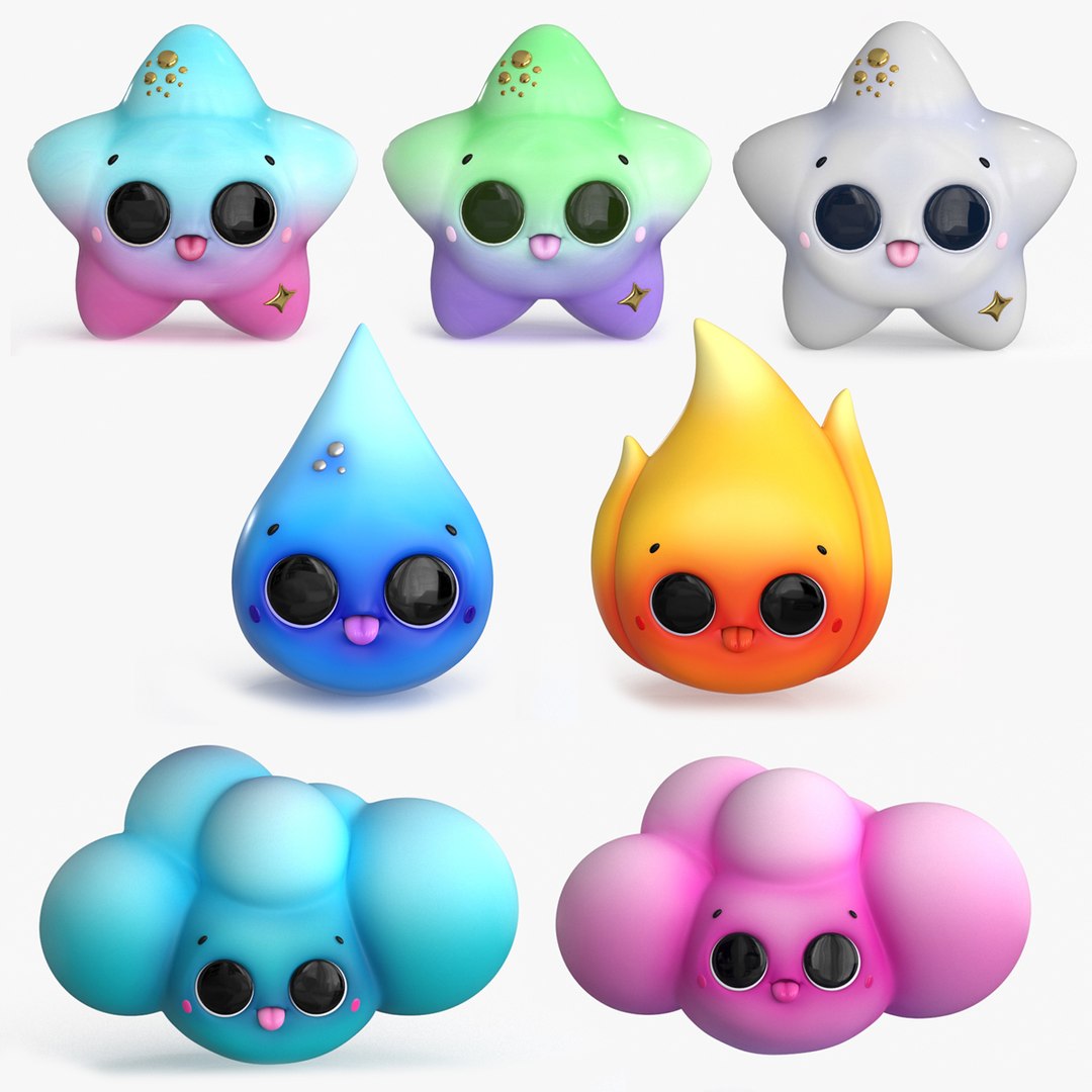 The possibilities are endless with this collection of stylized element characters by Protuberanka. Comes with a star, flame, water drop, and cloud. Made with #3dsMax and #VRay. bit.ly/3JGuofM