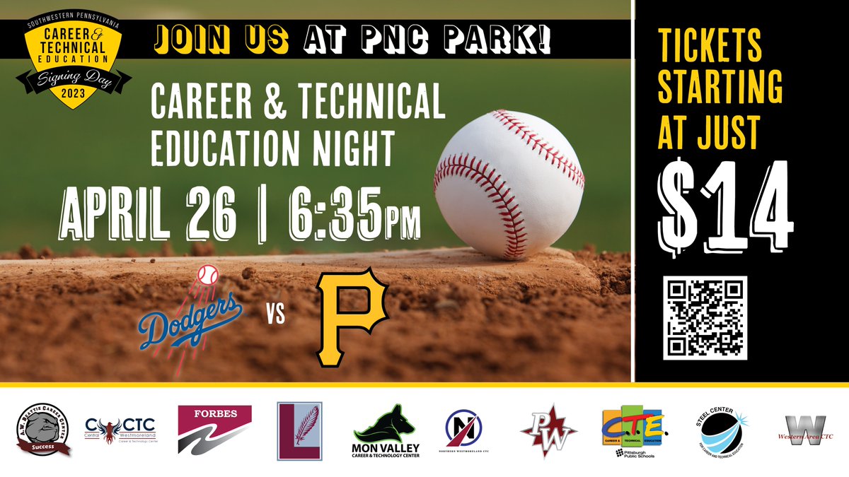 Please join us on Wednesday, April 26th as we cheer on the Bucs. It's Southwestern Pennsylvania Career and Technical Education Night at PNC Park, see you all there!
For more information or to purchase tickets, click on the following link: fevogm.com/event/Career