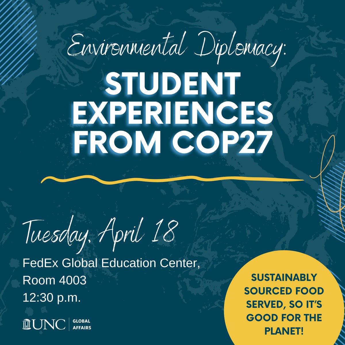Let's talk environmental diplomacy🌱

Hear from four Tar Heels who attended <a href="/COP27P/">COP27</a> in Egypt🇪🇬, moderated by <a href="/UNCpublichealth/">UNC Public Health</a> professor Felix Dodds.

Plus, we're serving sustainably sourced food, so it’s good for the planet! #UNCDiplomacyWeek

global.unc.edu/event/cop27-st…